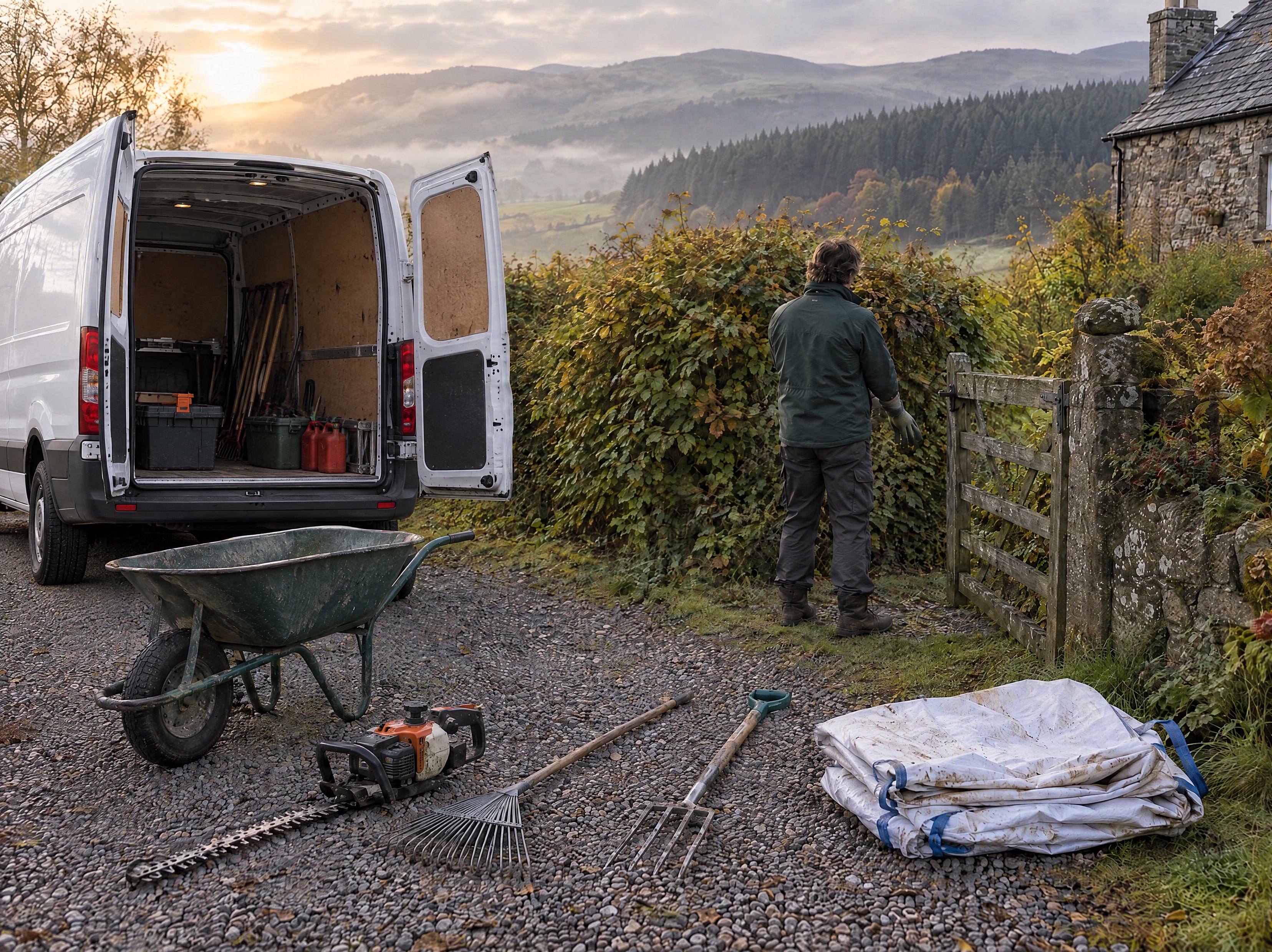 A plain white panel van at a cottage gate at dawn, garden tools laid out on the gravel, the gardener looking at the overgrown hedge